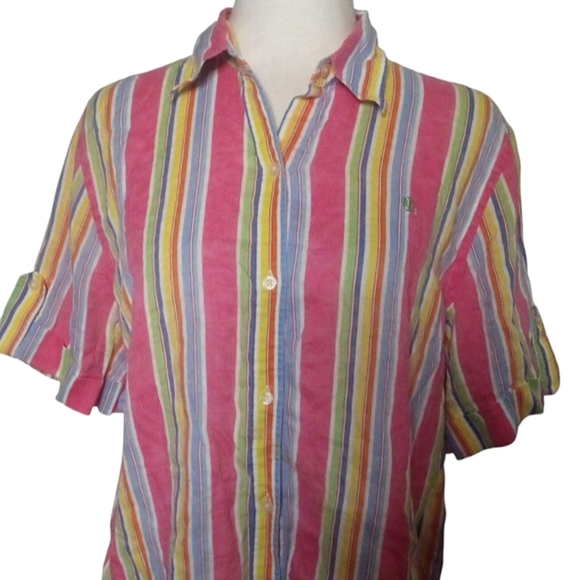 Lauren Ralph Lauren Multicolor Rainbow Stripe Linen Button Up Campshirt Large - Picture 2 of 8